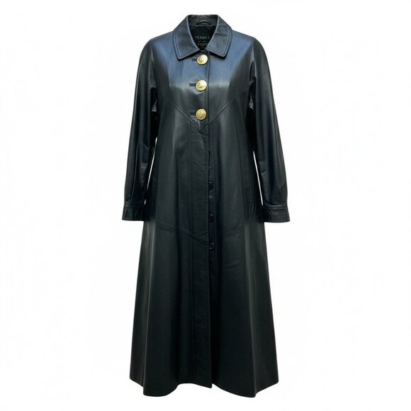Womens Black Leather Long Trench Coat Gold Button NOS Goth Matrix Steampunk - Picture 1 of 12